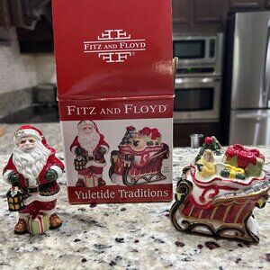Fitz and Floyd Yuletide Traditions Salt & Pepper Shaker Set Santa and Sleigh